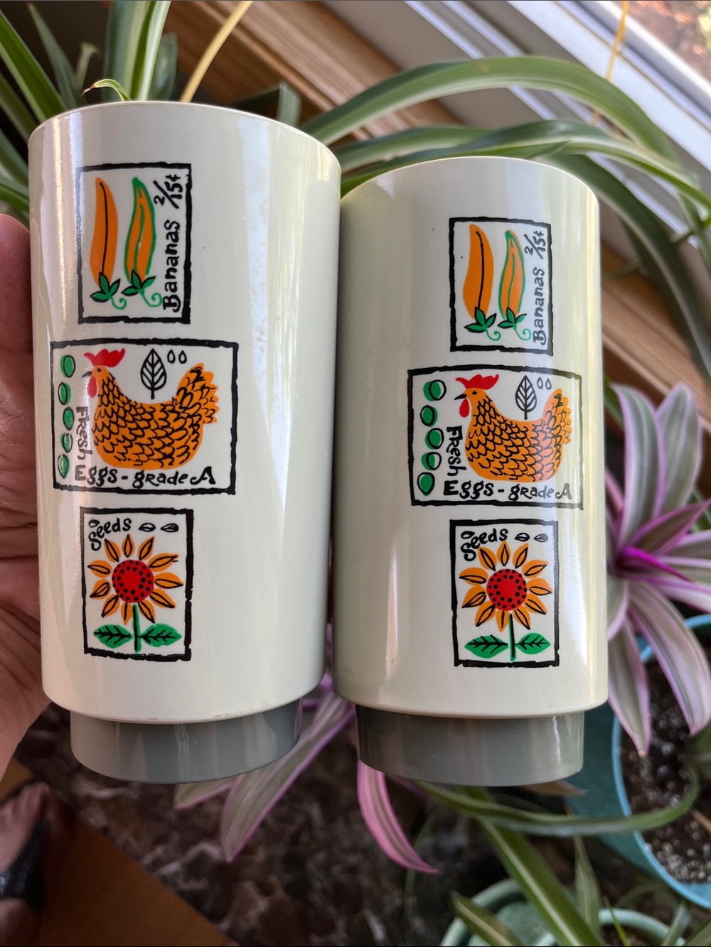 2 Vtg 70’s Loma Industries Farmer's Market Tumblers Chicken Sunflower Bananas